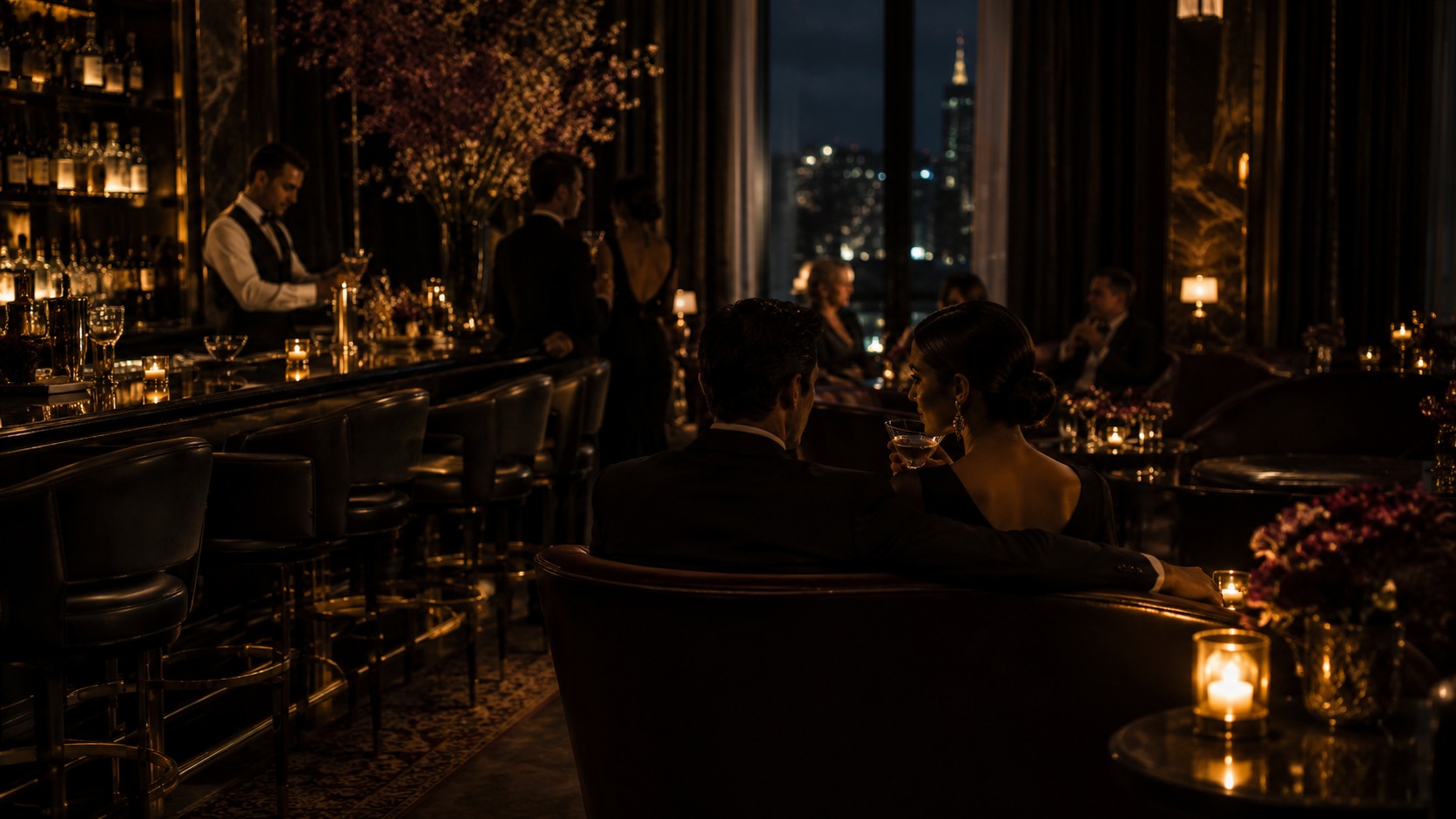 Elegant lounge with live music and guests enjoying a refined night atmosphere.