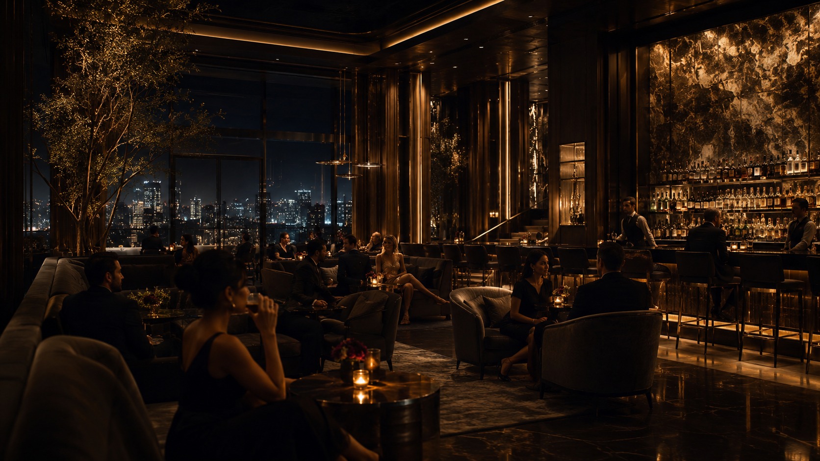 Cinematic premium nightlife interior with warm low lighting and an upscale venue atmosphere.